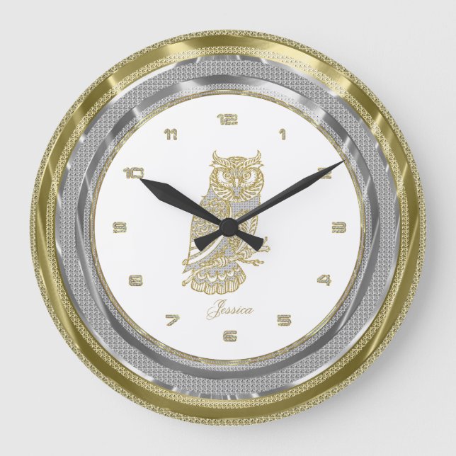 Reloj Redondo Grande Faux Silver y Gold Border Gold Owl (Anverso)
