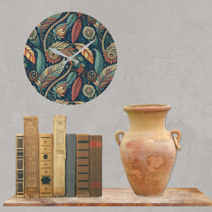 Reloj Redondo Grande Feather Floral Paisley Resumen de Swirt Étnico