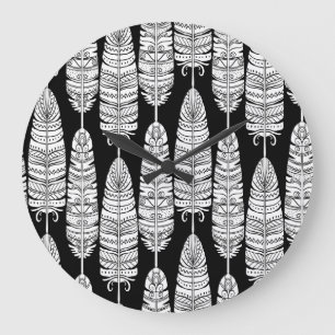 Reloj Redondo Grande Feathers boho: patrón blanco y negro
