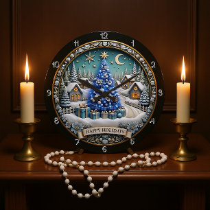 Reloj Redondo Grande Felices fiestas Blue Christmas Tree Village