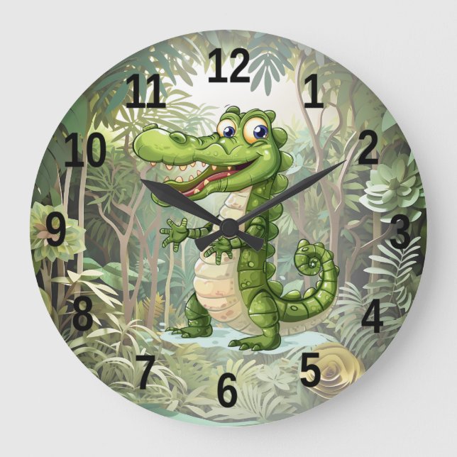 Reloj Redondo Grande Felices y salvajes árboles de selva de cocodrilos (Anverso)