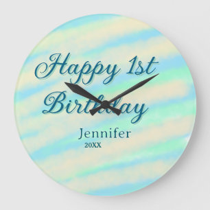 Reloj Redondo Grande Feliz 1er cumpleaños niños bebé azul verde pastel