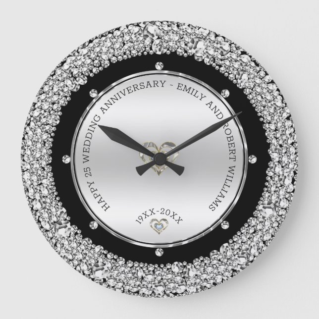 Reloj Redondo Grande Feliz 25º boda universal diamantes y plata (Anverso)