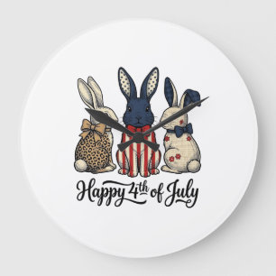 Reloj Redondo Grande Feliz 4 de julio Diseño de camisa de conejo patrió