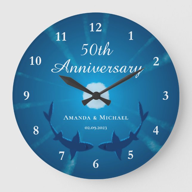 Reloj Redondo Grande Feliz 50° Aniversario Boda Pareja Tiburones Luna (Anverso)