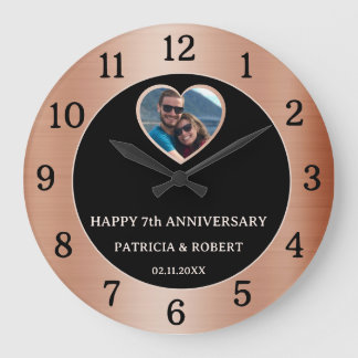 Reloj Redondo Grande Feliz 7º Aniversario de Bodas de Cobre Corazón Fot