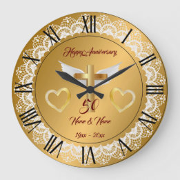 Reloj Redondo Grande Feliz Aniversario de Encaje Dorado Personalizado