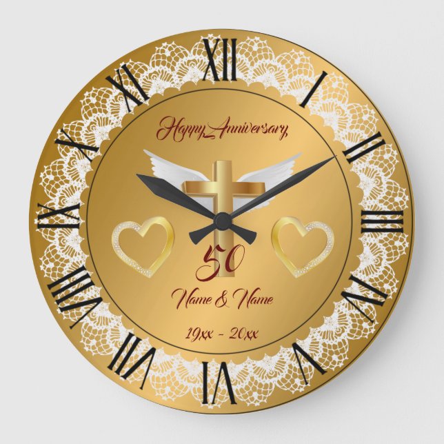 Reloj Redondo Grande Feliz Aniversario de Encaje Dorado Personalizado (Anverso)