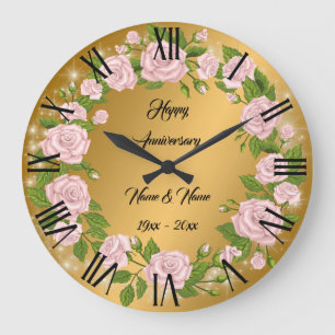 Reloj Redondo Grande Feliz Aniversario de Rosa Dorada Personalizada