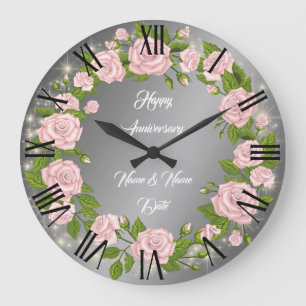 Reloj Redondo Grande Feliz Aniversario Rosa de Plata Personalizada