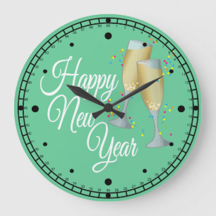 Reloj Redondo Grande Feliz Año Nuevo, champán y confeti