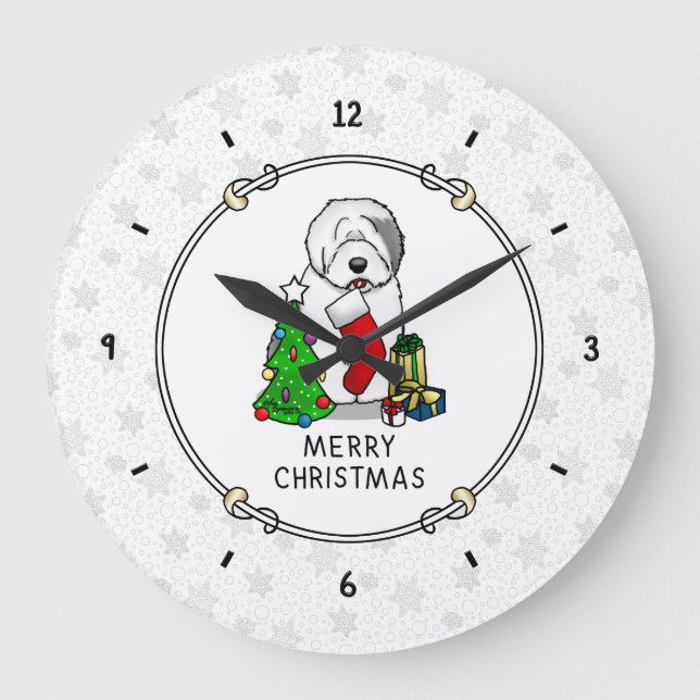 Reloj Redondo Grande Feliz Árbol de Navidad 2 viejo perro de oveja ingl (Anverso)