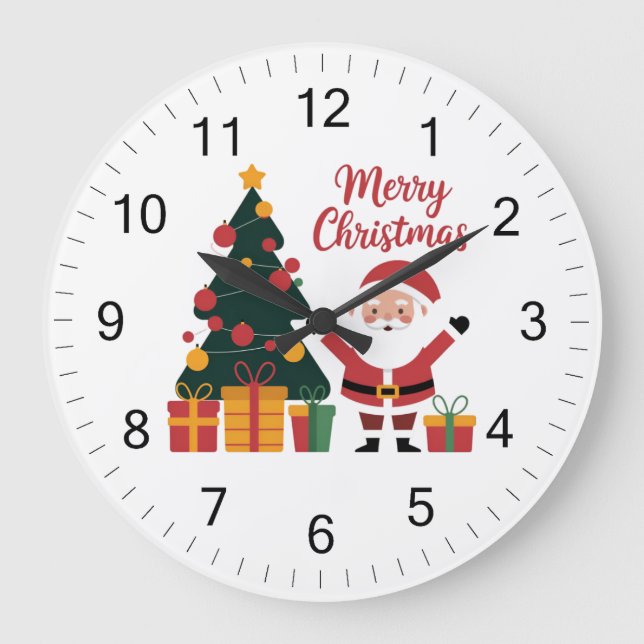 Reloj Redondo Grande Feliz Árbol de Navidad Santa Claus con regalos (Anverso)
