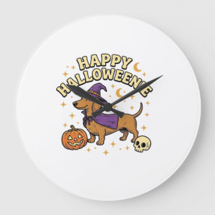 Reloj Redondo Grande Feliz Camiseta de Perro Bruja Dachshund de Hallowe
