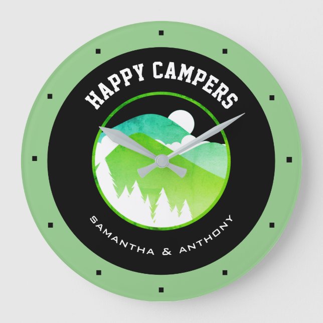 Reloj Redondo Grande Feliz Campers Parejas Nombres de Camping Negro Ver (Anverso)