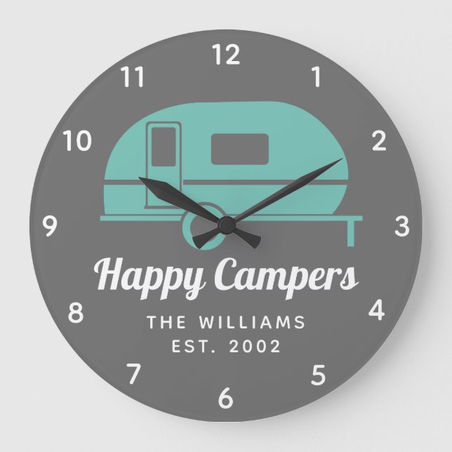 Reloj Redondo Grande Feliz camping gris Verde azulado (Anverso)