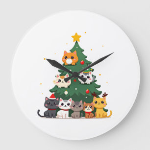 Reloj Redondo Grande Feliz Catmas Árbol de Navidad Divertido, Gatos Meo