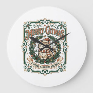 Reloj Redondo Grande Feliz Catmas Gato Navidad Camiseta de Arte Vectori