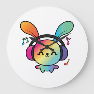 Reloj Redondo Grande Feliz Conejo con auriculares escuchando música.