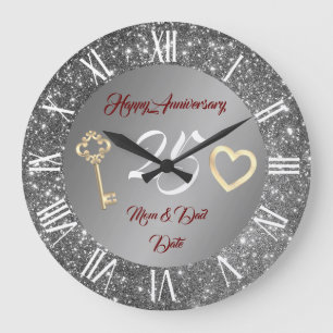 Reloj Redondo Grande Feliz Cumpleaños Amor Plata 25 Aniversario