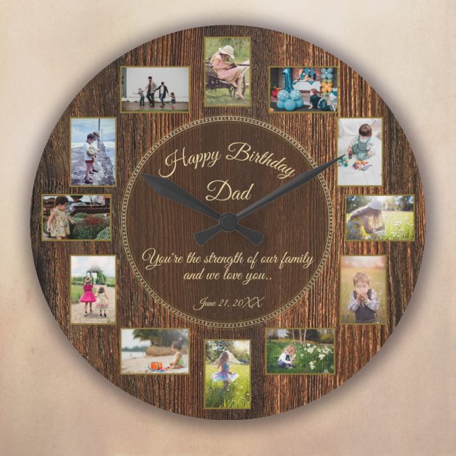 Reloj Redondo Grande Feliz cumpleaños papá plantilla de fotos rusticas  (Happy Birthday Dad Rustic Wood Photo Template Large Clock)