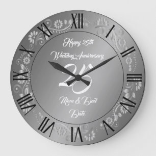 Reloj Redondo Grande Feliz Cumpleaños Plata 25º Aniversario