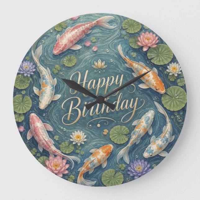 Reloj Redondo Grande Feliz Cumpleaños Sereno Estanque de Koi Nenúfar (Anverso)