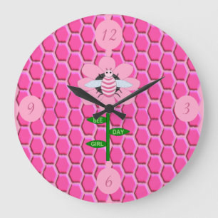 Reloj Redondo Grande Feliz Día de la Abeja Chica Pink Birthday Bumblebe