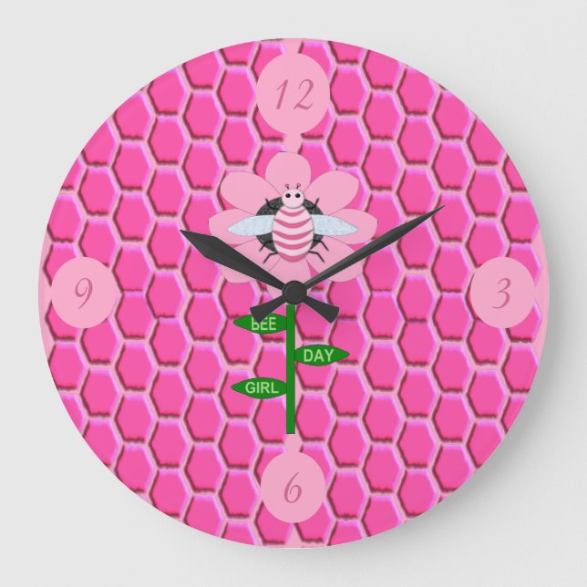 Reloj Redondo Grande Feliz Día de la Abeja Chica Pink Birthday Bumblebe (Anverso)