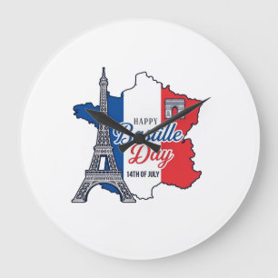 Reloj Redondo Grande Feliz Día de la Bastilla Francia Mapa Torre Eiffel