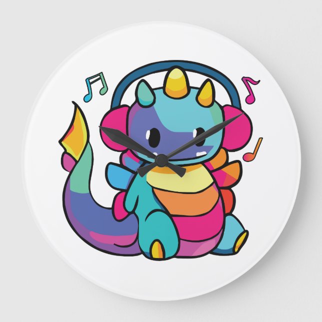 Reloj Redondo Grande Feliz dragón con auriculares escuchando música. (Anverso)