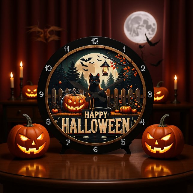 Reloj Redondo Grande Feliz escena de gato negro de Halloween (Subido por el creador)