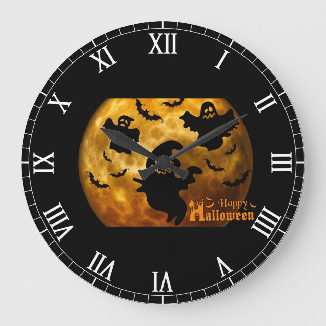 Reloj Redondo Grande Feliz Fantasma de Halloween y Bats (Anverso)