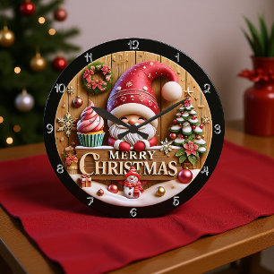 Reloj Redondo Grande Feliz Gnome navideño con torta