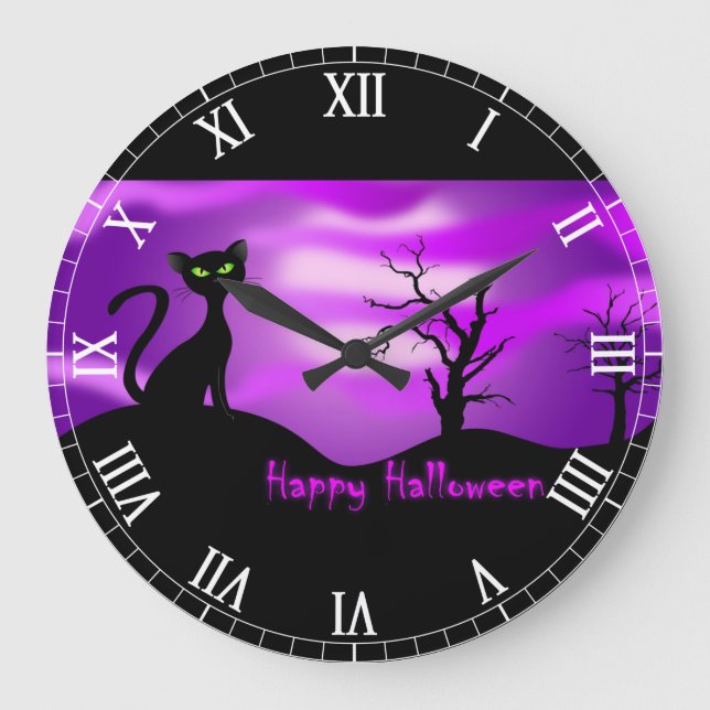 Reloj Redondo Grande Feliz Halloween Black Cat Purple (Anverso)