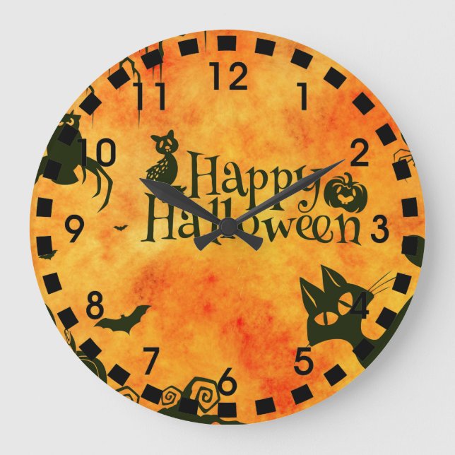 Reloj Redondo Grande Feliz Halloween bruja calabazas de búhos gatos (Anverso)