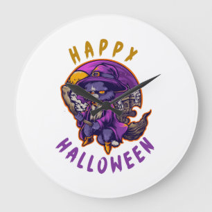 Reloj Redondo Grande Feliz Halloween Bruja de Halloween Gato