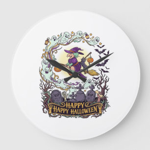 Reloj Redondo Grande Feliz Halloween Bruja Escoba Gatos Negros Fantasma