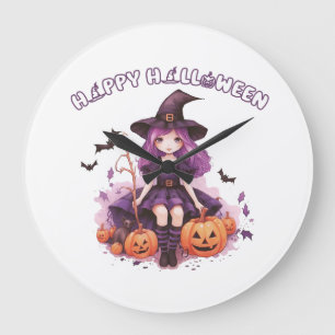 Reloj Redondo Grande Feliz Halloween Bruja Morada Calabazas y Murciélag