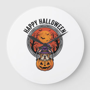 Reloj Redondo Grande Feliz Halloween Bulldog Bruja Calabaza Camiseta Vi