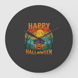 Reloj Redondo Grande Feliz Halloween Calabaza Sombrero de Bruja Luna Ll