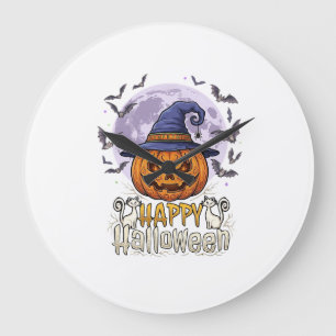 Reloj Redondo Grande Feliz Halloween Calabaza Sombrero de Bruja Murciél