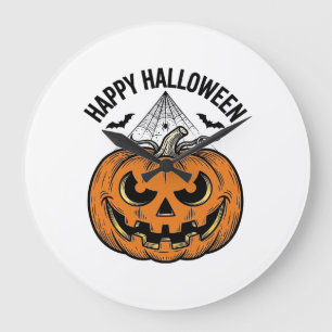 Reloj Redondo Grande Feliz Halloween Cara de Calabaza Diseño de Vector 