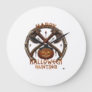 Reloj Redondo Grande Feliz Halloween Caza Calabaza Hachas Cruzadas Hues