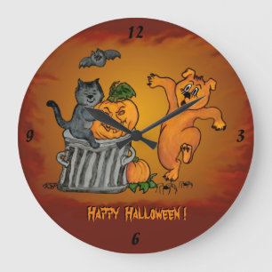 Reloj Redondo Grande Feliz Halloween con gatos, perro y araña