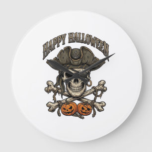Reloj Redondo Grande Feliz Halloween Cráneo de Pirata Huesos Cruzados C