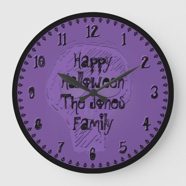 Reloj Redondo Grande Feliz Halloween espeluznante Lettering Black/Purpl (Anverso)