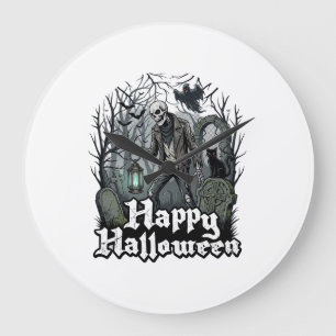 Reloj Redondo Grande Feliz Halloween Esqueleto Linterna Gato Negro Grav