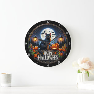 Reloj Redondo Grande Feliz Halloween Gato Calabaza Luna Llena