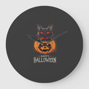 Reloj Redondo Grande Feliz Halloween Gato Negro Diseño de Calabaza_1